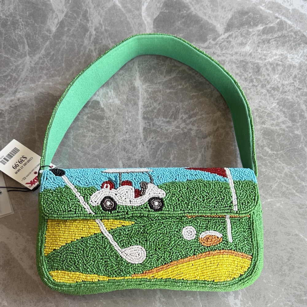 Beaded Golf Scene Shoulder Bag — Green, Yellow, Blue